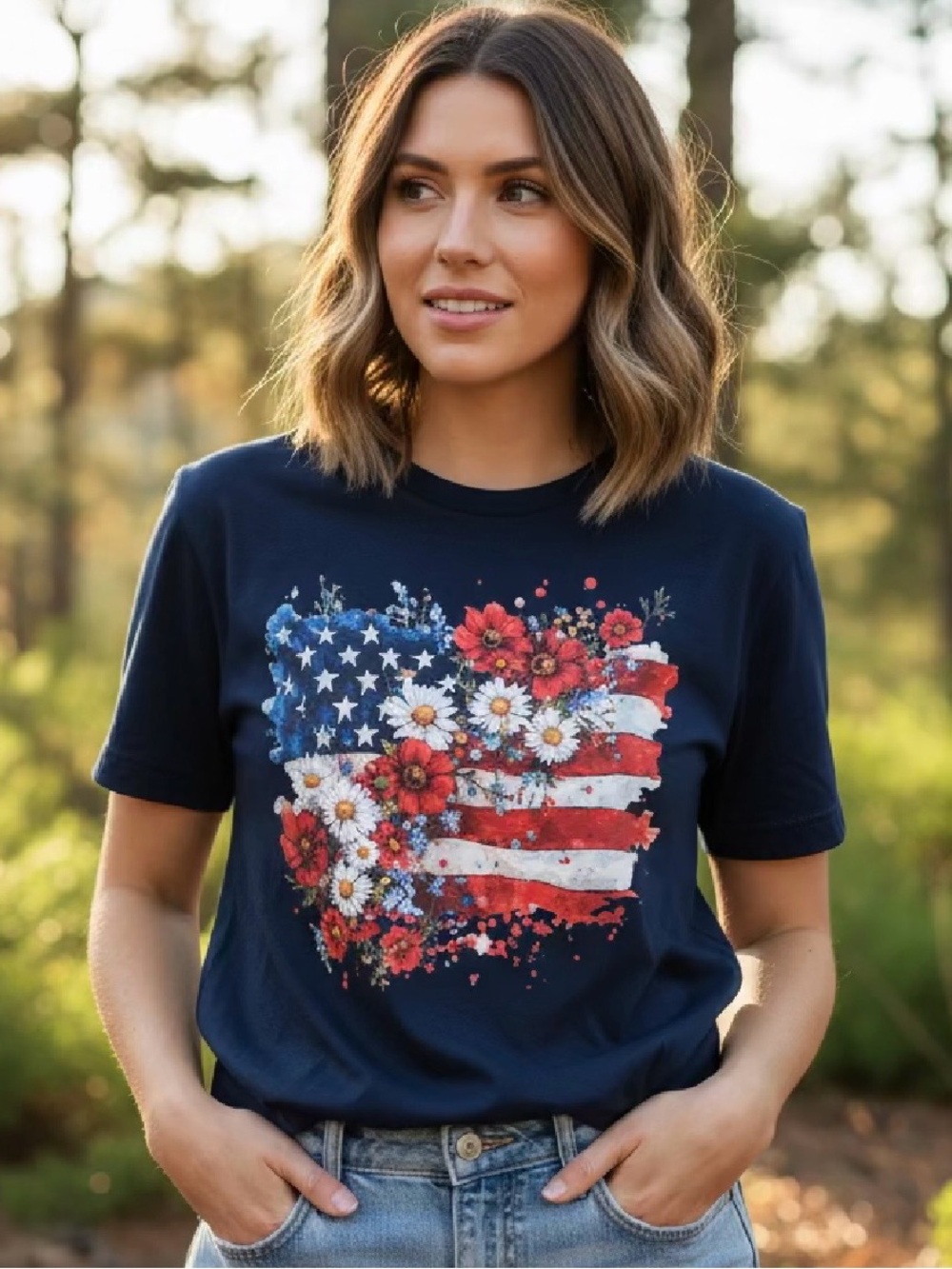 Navy Floral American Flag Graphic Tee